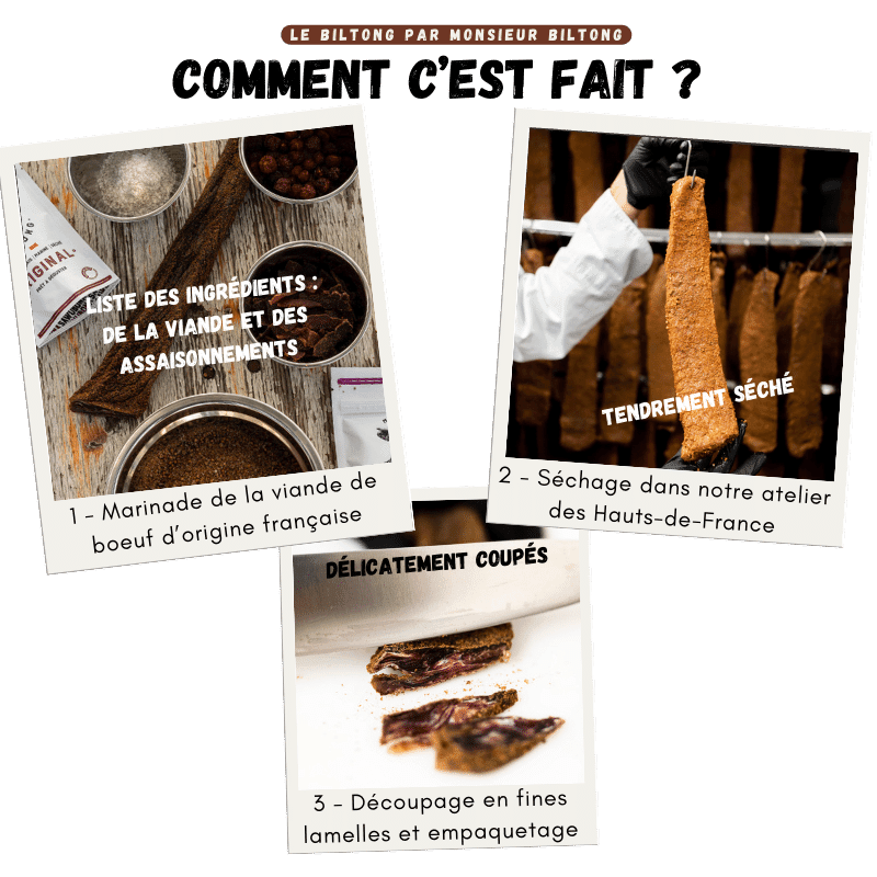 Monsieur Biltong : Explication des étapes de production des biltongs au piment et comment c'est fait. Etape 1 : Marinage de la viande de boeuf d'origine française. Etape 2 : Séchage dans notre atelier des Hauts-de-France. Etape 3 : Découpage en fines lamelles et empaquetage.