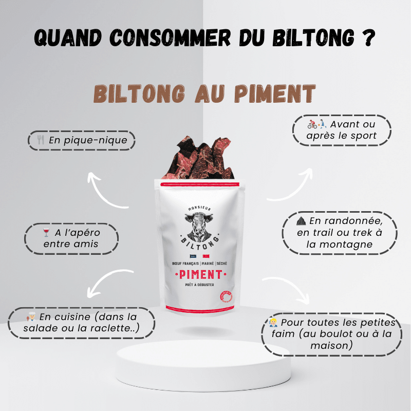 Monsieur Biltong : Conseil sur quand consommer et déguster sans modération le Biltong. Plusieurs idées : en pique-nique, à l'apéro entre amis, en cuisine (dans la salade ou la raclette), avant ou après le sport, en randonnée, en trail ou trek à la montagne, pour toutes les petites faim (au boulot ou à la maison)