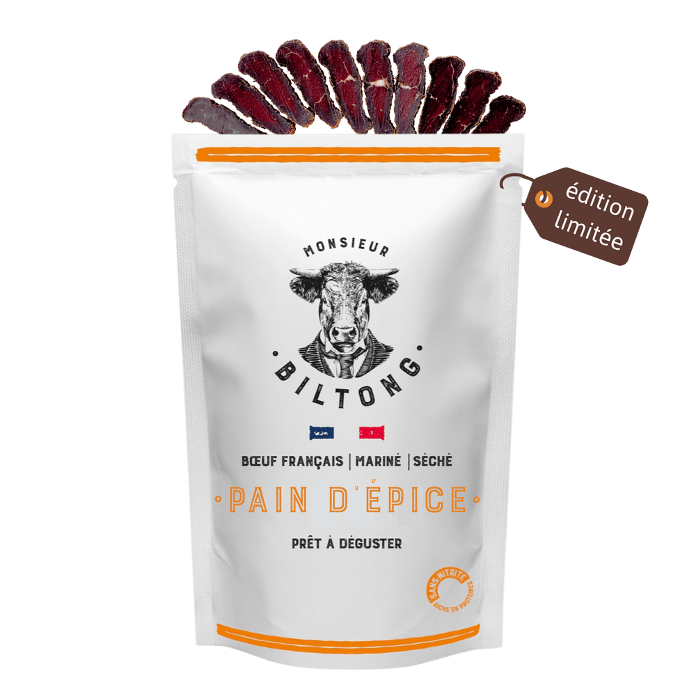 Monsieur Biltong : Biltong au pain d'épice prêt à déguster. Produit à partir de viande de boeuf français, mariné et délicatement séché dans l'atelier de Lomme (Hauts-de-France). Recette originaire d'Afrique du Sud mais made in France
