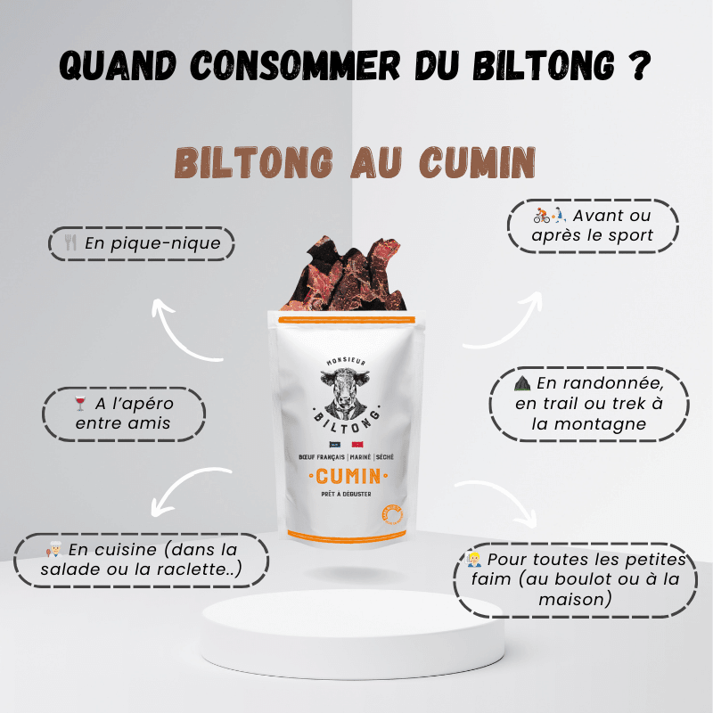 
                  
                    Monsieur Biltong : Conseil sur quand consommer et déguster sans modération le Biltong. Plusieurs idées : en pique-nique, à l'apéro entre amis, en cuisine (dans la salade ou la raclette), avant ou après le sport, en randonnée, en trail ou trek à la montagne, pour toutes les petites faim (au boulot ou à la maison)
                  
                