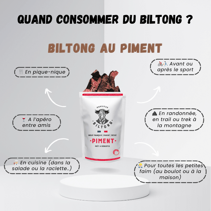 
                  
                    Monsieur Biltong : Conseil sur quand consommer et déguster sans modération le Biltong. Plusieurs idées : en pique-nique, à l'apéro entre amis, en cuisine (dans la salade ou la raclette), avant ou après le sport, en randonnée, en trail ou trek à la montagne, pour toutes les petites faim (au boulot ou à la maison)
                  
                