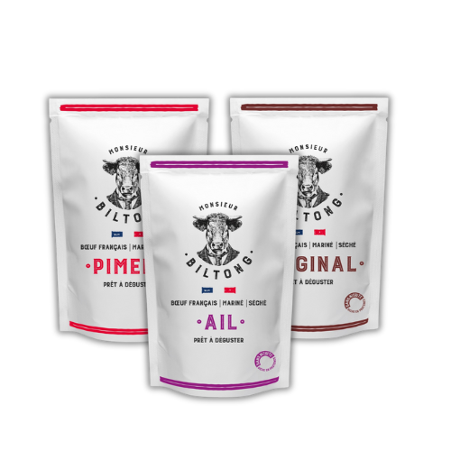 Monsieur Biltong : Trio de saveurs de biltong issue de boeuf français, mariné et séché dans l'atelier à taille humaine des Hauts-de-France. 3 sachets prêt à déguster. Aucun préparation nécessaire pour goûter ce snack originaire d'Afrique du Sud.