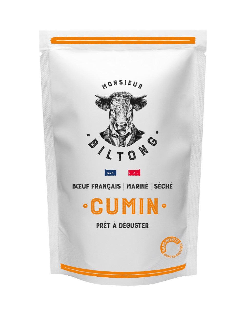 
                  
                    Monsieur Biltong : Biltong au cumin prêt à déguster. Produit à partir de viande de boeuf français, mariné et délicatement séché dans l'atelier de Lomme (Hauts-de-France). Recette originaire d'Afrique du Sud mais made in France
                  
                